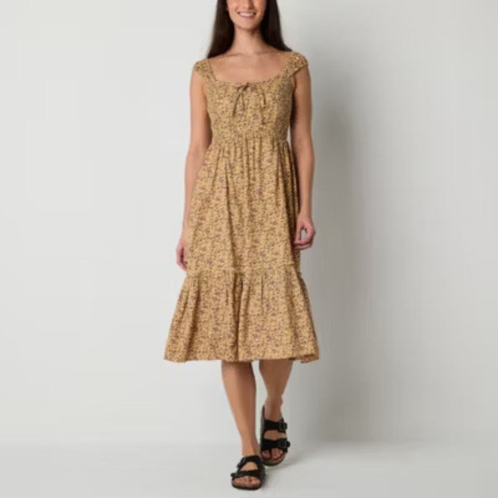 Arizona Cap Sleeve Floral Keyhole Tie Tiered Midi Peasant Dress Women Small NWOT